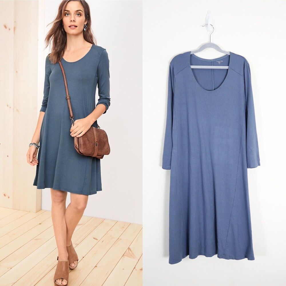Garnet Hill Size S Scoop Neck Jersey Knit Trapeze Dress 3/4 Sleeve Blue